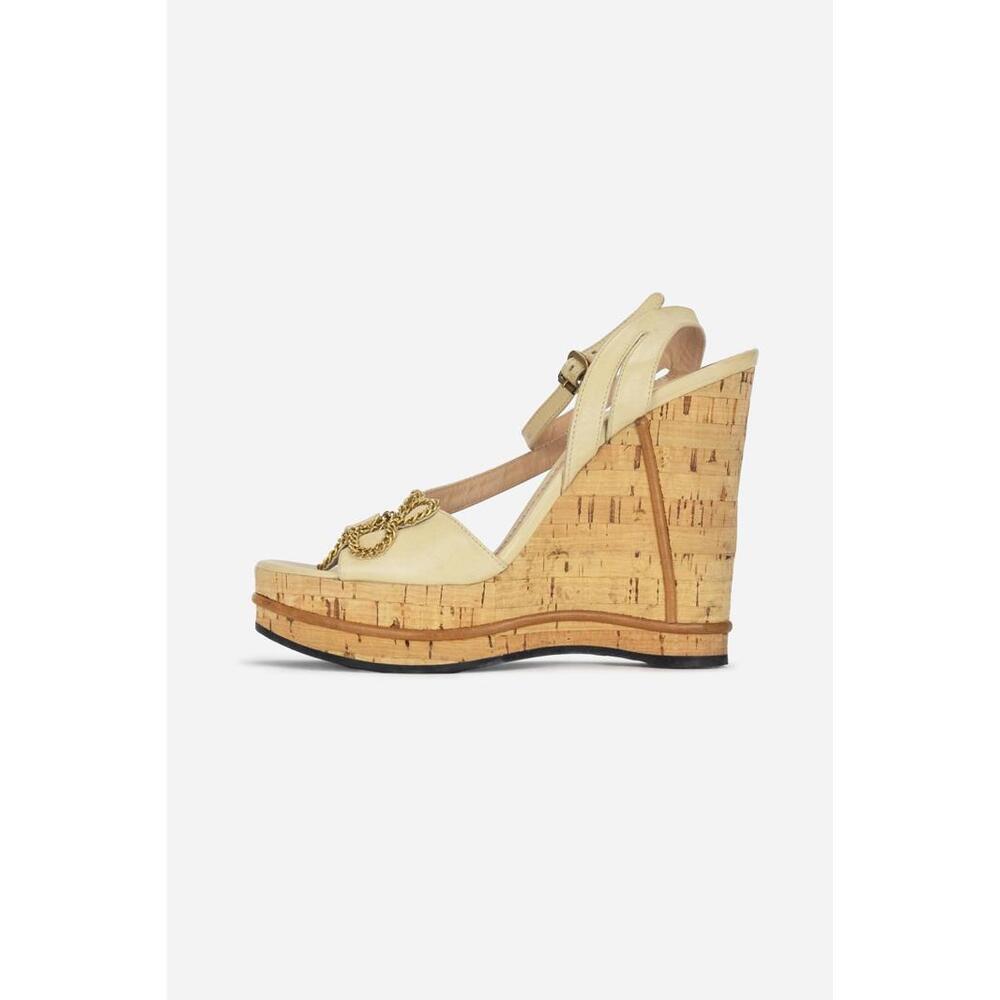 Chloe Nude Leather Cork Wedge Sandals with Chain Embellished Floral Detail
